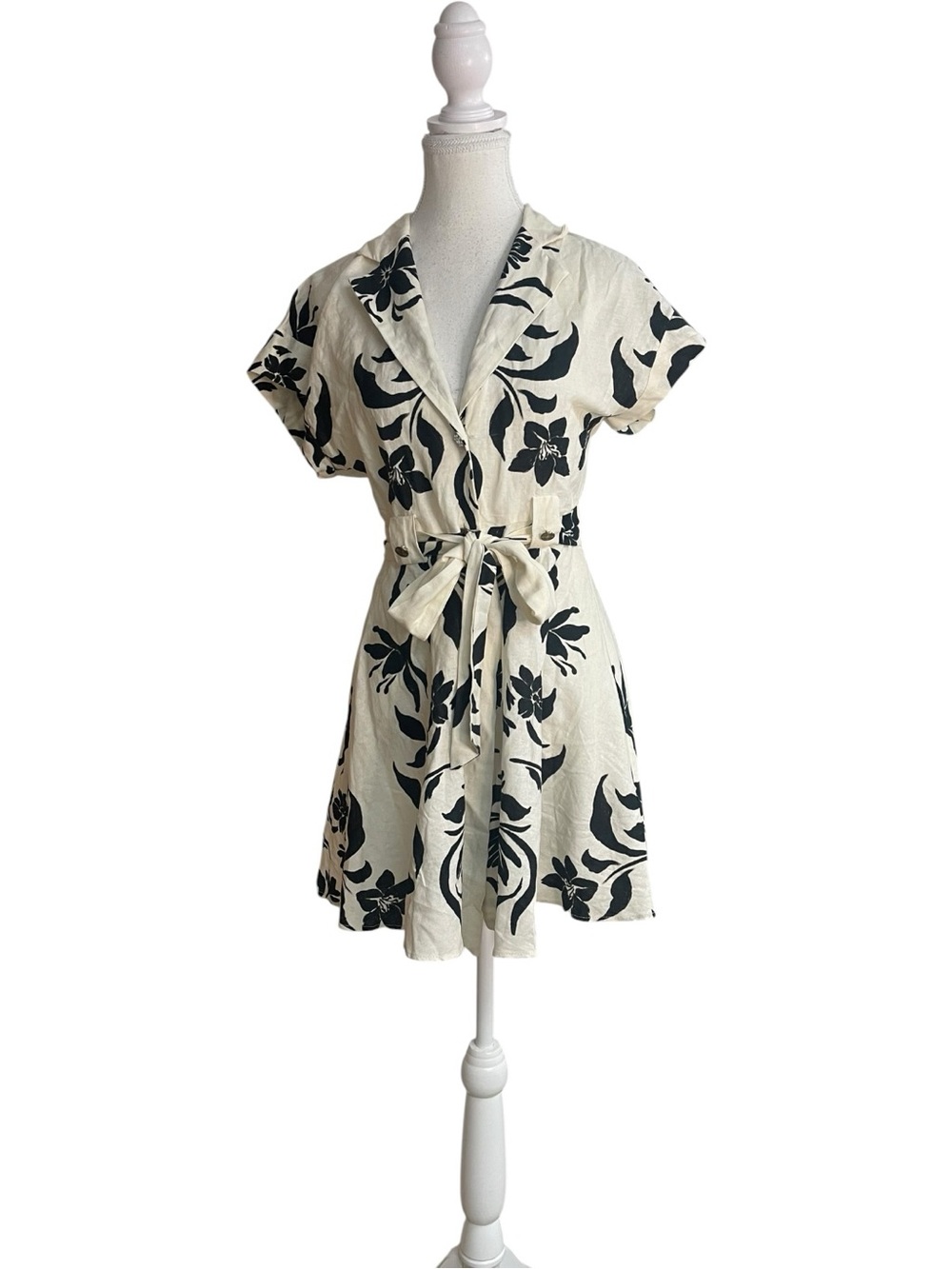 Zara Belted Linen Shirt Mini Dress Black Floral Print